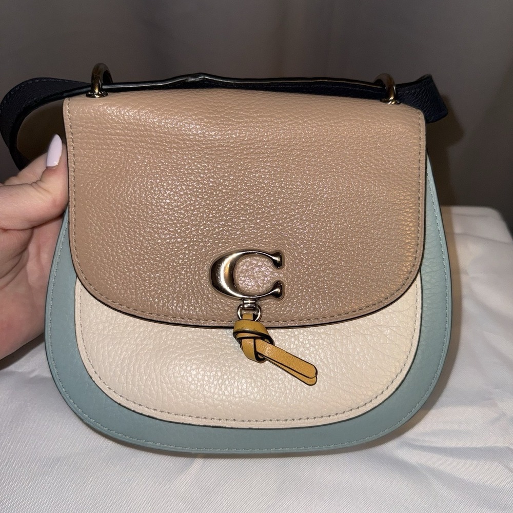 Coach Remi Saddle Bag Leather Crossbody in Colorblock Tan Cream Beige Blue